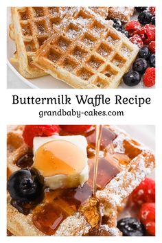 buttermilk waffle recipe with blueberries, raspberries and syrup