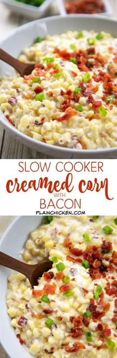 two pictures showing how to make slow cooker creamy bacon macaroni and cheese