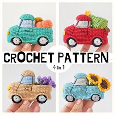 four crochet cars with sunflowers on the front and one in the back