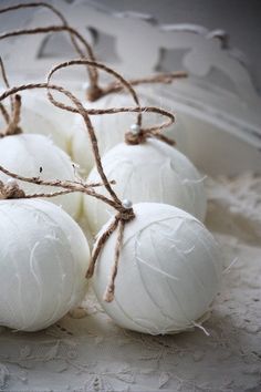 some white balls are tied together with twine