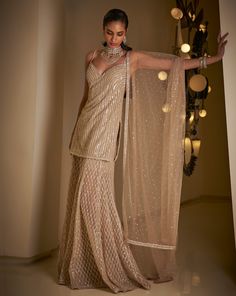 Champagne Indian Outfit, Velvet Indian Outfits, Sequin Sharara, Sharara Kurti, Function Outfit, Dupatta Collection, Indian Fits, Wedding Fits, Seema Gujral