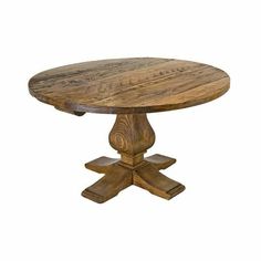 a round wooden table with four pedestals on one end and an oval wood table top