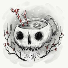 a drawing of a cup with candy canes in it and a skull on the side