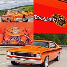 an orange car driving down a road next to a red and white sign with the word duster on it