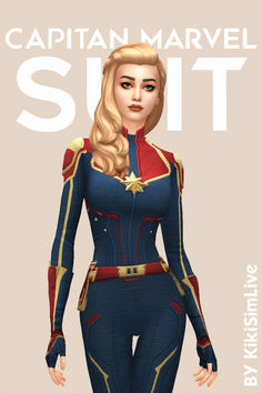 a woman in captain marvel suit standing next to the caption that reads, captain marvel suit