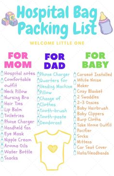 the hospital bag packing list for mom and baby is shown in multicolored font