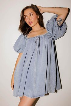 ari denim mini dress // light wash – shop zoco Puffer Dress, Outfit Ideas Dressy, Figure Dress, Secret Dress, Knit Tank Dress, Flowy Mini Dress, Rust Dress, Denim Mini Dress, Puffed Sleeves Dress