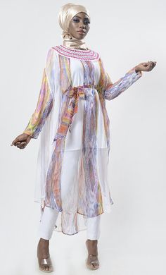 Exclusive Chiffon Printed Long Tunic - EastEssence.com Long Sleeve Chiffon Kaftan For Spring, Flowy Chiffon Long Sleeve Kaftan, Flowy Long Sleeve Chiffon Kaftan, Casual White Long Sleeve Kaftan, Multicolor Long Sleeve Tunic For Beach Cover-up, Summer Long Sleeve Georgette Kaftan, Long Sleeve Chiffon Kaftan For The Beach, Flowy White Kaftan For Spring, White Long Tunic For Spring