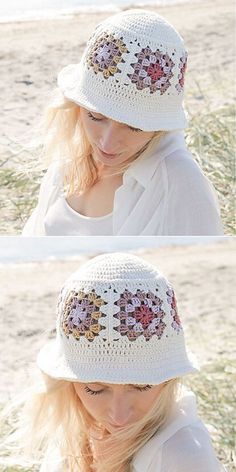 two pictures of a woman wearing a white hat with flowers on the front and side