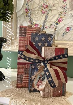 an american flag gift bag on a lace doily