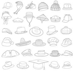 hats are shown in black and white, with one line drawing on the bottom right side