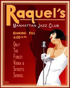 a poster for rague's manhattan jazz club featuring a woman singing into a microphone