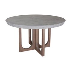 a round table with two wooden legs and a white marble tabletop on the top