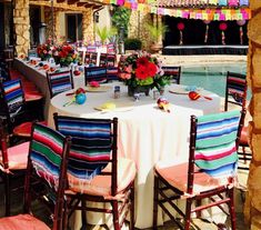 an outdoor dining area with tables and chairs set up for a party or celebration,