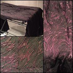 three different pictures of a bed with purple and black bedspreads on it