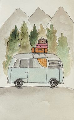 a drawing of a van with luggage on top and mountains in the backgroud