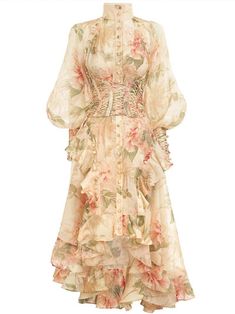 Women's Asymmetrical Floral Printed Dress - Wnkrs Floral Print Midi Dress For Garden Party, Beige Floral Print Midi Dress, Feminine Floral Print Midi Dress For Spring, Chic Floral Patchwork Dresses, Beige Maxi Length Floral Dress For Spring, Spring Floral A-line Dress With Ruffles, Beige Maxi Floral Dress For Spring, Elegant Fitted Dress With Floral Patchwork, Elegant Summer Dress With Floral Patchwork