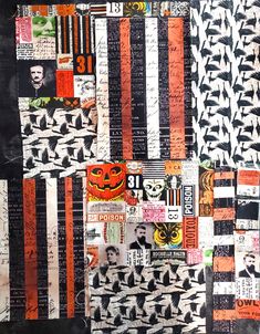 a collage of halloween themed papers with black and white stripes, pumpkins, jack - o'- lanterns, and more