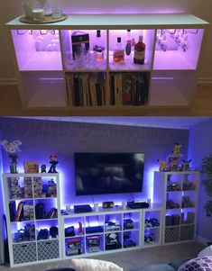 the entertainment center is lit up with purple lights and shelves filled with liquor bottles, books, and other items