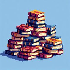 a pile of books sitting on top of each other in front of a blue background