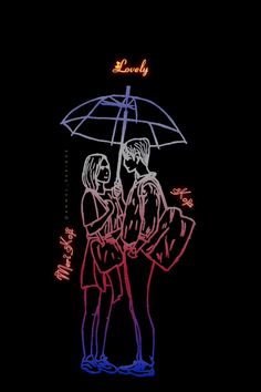 two people are standing under an umbrella in the dark, with neon writing on it