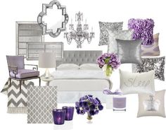 a collage of purple and silver items including a bed, chair, chandelier