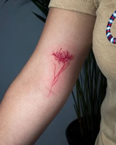 Spider Lily Hand Tattoo, Small Tattoo Color, Flame Lily Tattoo, Red Tattoo Words, Spider Lilly Tatoos Design, Pain Tatoos Ideas, Red Line Tattoo, Thighs Tattoo, Red Spider Lily Tattoo