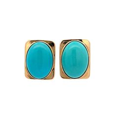 Cabochon Turquoise Earrings in 14k Yellow Gold These captivating stud earrings are crafted in 14 karat yellow gold and feature striking oval cabochon cut turquoise stones, each weighing an impressive 11.56 carats. The vibrant turquoise is set in a sleek, rectangular gold frame, creating a stunning contrast that highlights the stone's natural beauty. The high-polished finish adds a sophisticated touch, making these earrings perfect for adding a pop of color to any look. Whether dressing up for a Formal Turquoise Oval Earrings, Turquoise Cabochon Earrings For Formal Occasions, Platinum Rose Gold, Sapphire Solitaire, Turquoise Stones, Wedding Jewelry Earrings, Shop Engagement Rings, Turquoise Earrings, Oval Cabochon