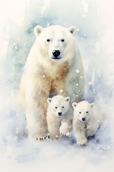 an adult polar bear with two cubs in the snow, watercolor painting by mark taylor