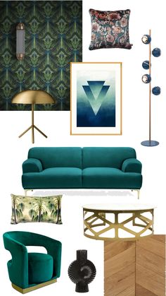 a living room filled with furniture and decor in shades of teal, gold, and green