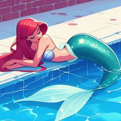 the little mermaid is sitting on her stomach in the pool and looking at something off to the side