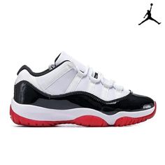 the air jordan xi low in white and black with red accents on the upper part