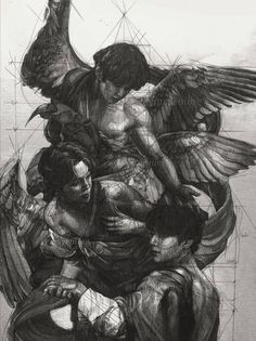 a drawing of an angel sitting on top of a man's head with wings