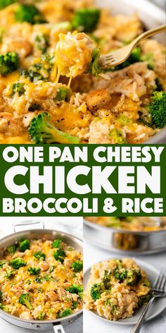 one pan cheesy chicken broccoli and rice is shown in this collage