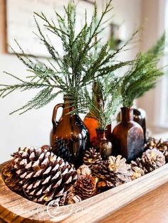 pine cones and vases are sitting on a tray