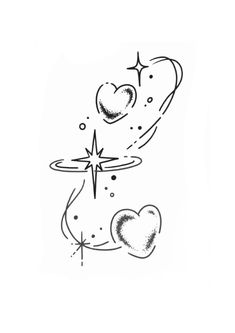 a drawing of two hearts floating in the air with stars above them and an arrow pointing to