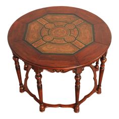 High Quality Vintage Round Tooled Leather Top Center Table with Scroll Carved Apron, Raised on Eight Turned Legs with Bun Feet Round Center Table, Turned Leg, Traditional English, Table Centers, English Style, Tooled Leather, Center Table, Late 20th Century, Coffee And End Tables