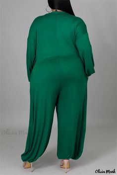 Olivia Mark - Professional Plus-size Solid V-neck Jumpsuit - Casual Fashion (Belt not included) Green V-neck Jumpsuit For Loungewear, Green Solid Color Jumpsuits And Rompers For Loungewear, Green Stretch V-neck Bodysuit, Jumpsuit Fitted, Loose Fitting Pants, Plus Jumpsuit, Jumpsuit Casual, Solid Jumpsuit, Plus Size Jumpsuit