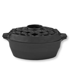 a black cast iron casserole on a white background