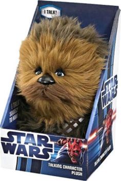 star wars talking character plush toy in a cardboard box