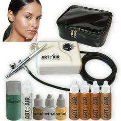 * Art of Air Cosmetic Makeup Airbrush and Compressor System * Art of Air 4 piece TAN COMPLEXION Foundation Set * Deluxe Black Airbrush Makeup System Carrying Bag * Includes: Blush, Bronzer, Shimmer, and Anti Aging Primer * Complete Airbrush System, nothing else needed to get started! for Beginner and Professional use. Air Makeup, Best Airbrush Makeup, Airbrush Makeup Kit, Primer Makeup, Foundation Sets, Airbrush Foundation, Fair Complexion, Dark Complexion, Airbrush Makeup