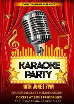 karaoke party flyer with red curtains and microphone on the stage for an entertainment event