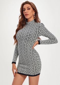 This Geometric Print Long Sleeve Bodycon Dress is the perfect balance between modern chic and classic elegance. Crafted with two-tone black and white geometric prints, this sleek mini dress offers a turtle-neck for a sophisticated look. Slip into this luxurious mini dress for an effortless and timeless style. Color: Black & White Sleeve Style: Regular Sleeve Length(cm): Full Silhouette: Sheath Neckline: Turtleneck Decoration: Geometric Print Style: Office Lady Dresses Length: Above Knee, Mini Ma Fitted Mini Dress With Geometric Pattern, Black Bodycon Dress Long Sleeve, Long Sleeve Bandage Dress, Geometric Prints, Office Dresses For Women, Sleeve Bodycon Dress, Jacquard Dress, Sleeveless Crop Top, Long Sleeve Bodycon