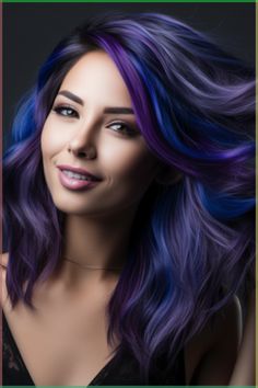 If you’re feeling bold, go for the blend of blue and purple in this striking color choice. It works well on individuals with cooler undertones but needs sulfate-free color-protecting products to maintain its vibrancy. Click here to check out more trending hair color ideas for 2023. Fun Color Hair Ideas For Brunettes, Fun Color Hair Ideas, Purple And Blue Hair Color Ideas, Blue Purple Hair Color, Unnatural Hair Color Ideas, Fun Hair Color Ideas For Brunettes, Dramatic Hair Color, Pagan Makeup, Purple And Blue Hair