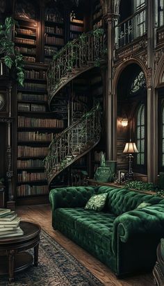 a living room filled with green couches next to a book shelf full of books