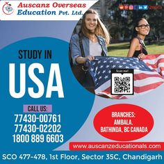 a poster advertising an educational program for students in the u s a, featuring two girls with american flags