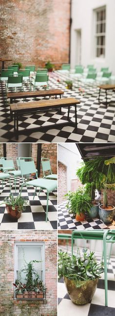 several photos of tables and chairs with plants in them on checkered tile flooring