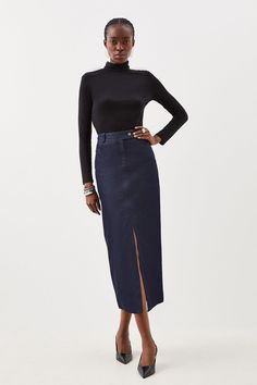 Allow This Wardrobe Staple To Provide An Instant Update To Everyday Rotations. Crafted With Stretch Denim, This Midi Skirt Embraces An Off-Duty Aesthetic, While Corset-Style Seaming Adds Dimension To The Piece. Belt Loops And Lapels Add Understated Detailing This Piece. Style This Skirt With Heels And A Crop Top To Exude Understated Elegance At Your Next Event.Stretch Denimfront Leg Slitzip Fasteningmidi Hemline Tailored Maxi Skirt, Office Midi Skirt, Boss Woman, Skirt Collection, Maxi Skirt Style, Denim Maxi, Denim Maxi Skirt, Office Style, Understated Elegance