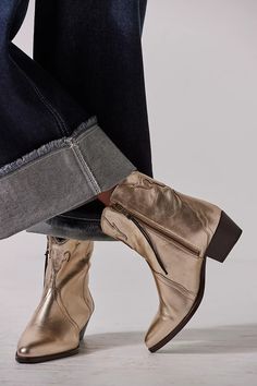 New Frontier Western Boot | Free People Western Boot, Vintage Aesthetic, Boot Shop, Boho Clothing, Stacked Heel, Leather Ankle Boots, Western Boots, Boho Outfits, Wedding Outfit