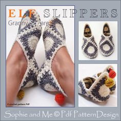 crocheted slippers are shown with pictures of them